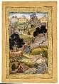 "A Muslim Pilgrim Learns a Lesson in Piety from a Brahman", Folio from a Khamsa (Quintet) of Amir Khusrau Dihlavi, Amir Khusrau Dihlavi (Indian, Patiyali, 1253–1325 Delhi), Image: Ink, opaque watercolor, and gold on paper
Margins: Gold on dyed paper